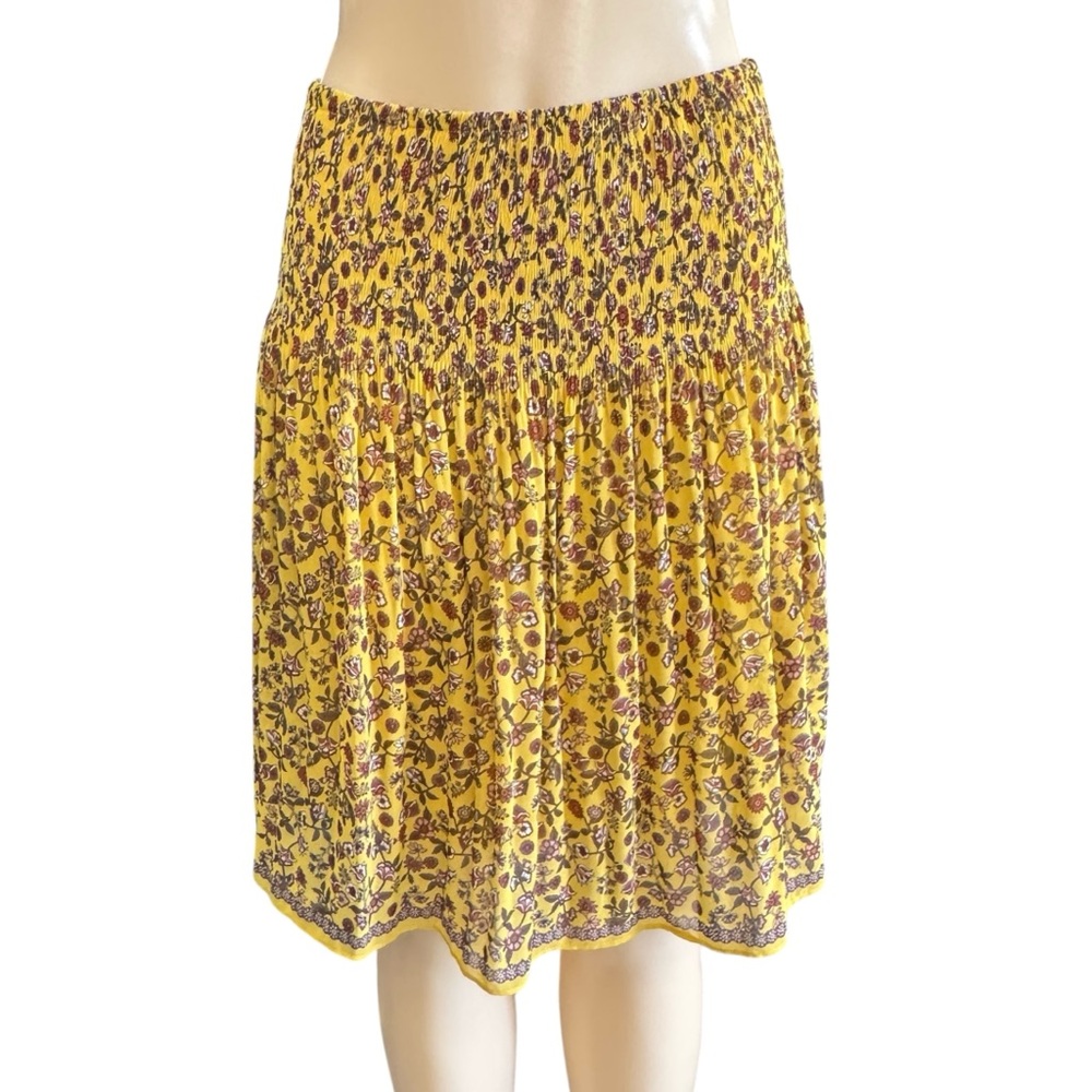 NEW Max Studio Floral Pleated Mini Skirt Gold Yellow XS Boho Cottagecore Retro - Picture 2 of 14
